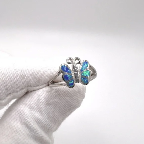 Sale $18 Firm! .925 Sterling Silver Lab Created Blue Opal Butterfly Ring - Picture 4 of 14